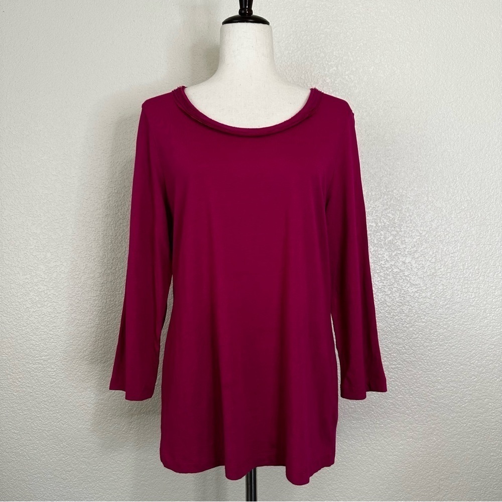 Chico's Pink Raw Sheer Neckline 3/4 Sleeves Tunic Top, Sz Large